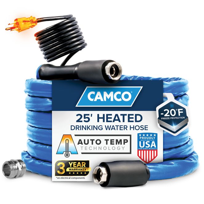 22911 - 25' Heated Water Hose for RV — Prevents Freezing Down to -20° — Certified For Drinking Water & Lead-Free — Great for Campers, Livestock, Agriculture, Kennels, etc. — 5/8" ID