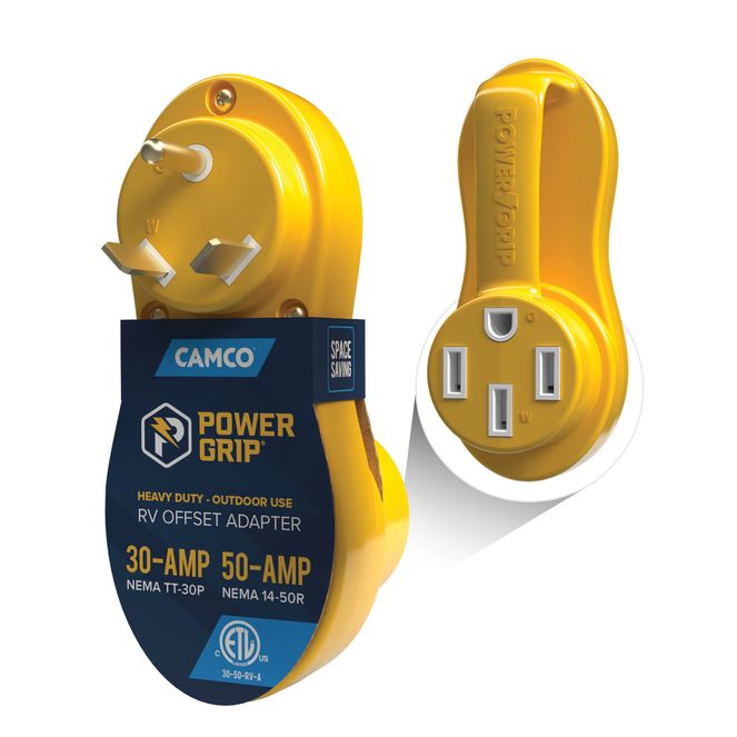 55133 - Camco Power Grip Electrical Offset Adapter - 30 amp to 50 amp RV Power Adapter - Offset Design to Relieve Cord Stress ( )
