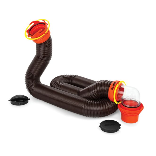 39761 - RhinoFLEX 15' Camper/RV Sewer Hose Kit with 4-in-1 Adapter & Clear Elbow, Includes Caps for Convenient Storage, Fits 3″ Slip & NPT Threaded Sewer Connections