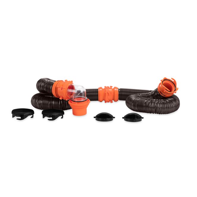 39741 - RhinoFLEX Camper/RV Sewer Hose Kit with 4-in-1 Adapter & Clear Elbow, Includes Caps for Convenient Storage, Fits 3″ Slip & NPT Threaded Sewer Connections